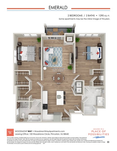 Floor plan for 2 beds, 2 baths, 1290 sqft